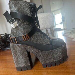 Baddie Mentality Sparkle Platform Boots – Black/Silver Rhinestone Statement Shoe